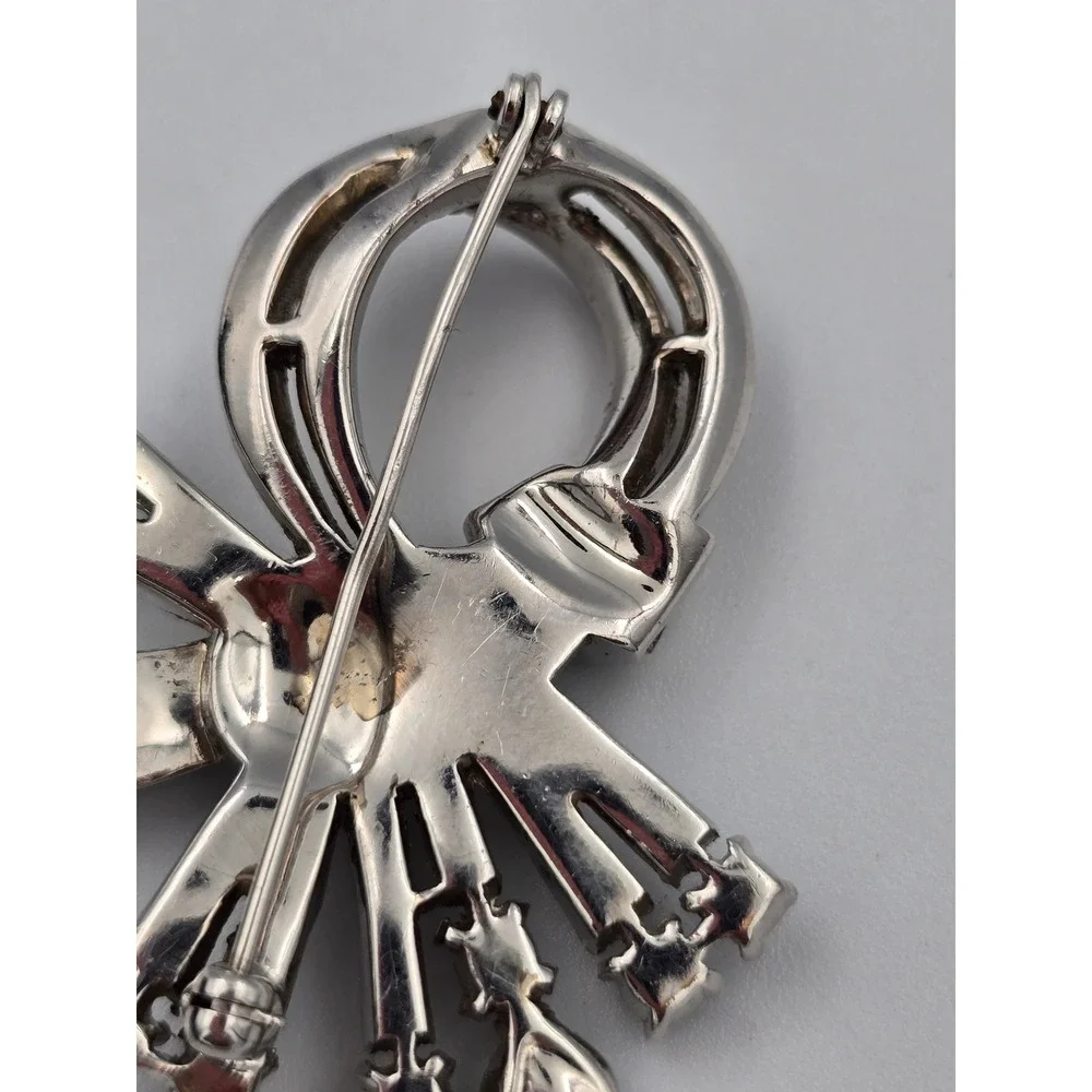 Vintage Rhinestone Bow Brooch Pin Silver Tone Clear Champagne‎ Baguette Round